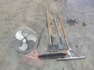 14" Fan, (1) Rake, (1) Broom, (2) Ice Chippers (Elect. Room)