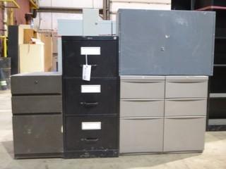 Qty Of (4) 3-Drawer Metal Filing Cabinets And Metal Storage Box *No Keys*