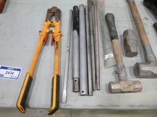 24" Folding Bolt Cutters, (1) 10lb Sledge Hammer, (2) 5lb Sledge Hammers, Pry Bars (W-4-3-3)