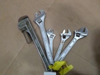  Adjustable Wrenches, (1) 12", (1) 15", (2) 10", (1) 18" Pipe Wrench (W-5-4-1)