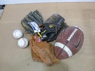 Assortment of Baseball Gloves, (1) 12" Cooper, (1) 12" Wilson, (1) 10" Rawlings, (2) Baseballs (W-W)