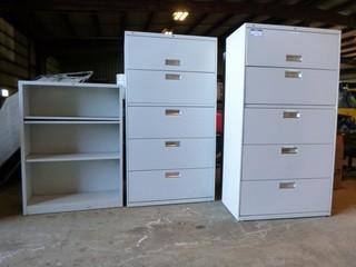 36" x 19" x 67" 5 Drawer Filing Cabinet (2 Pcs) and 3 Tier Shelving Unit (1 Pc) 34.5" x 12.5" x 47"