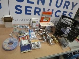 Variety of Used Home Repair Hardware, (5) Weiser Door Handles / Hardware, (2) 3" x 10" Register, Door Guard, Fence Hinges, (2) Window Insulation Kits (W-5-5-1)