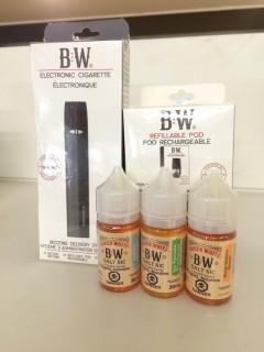 Baker White Starter Kit E-Cigarette, Lot of (2) 8 Pack Refillable Pods & (3) Assorted Juices.