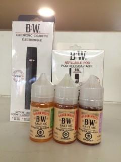 Baker White Starter Kit E-Cigarette, Lot of (2) 8 Pack Refillable Pods & (3) Assorted Juices.