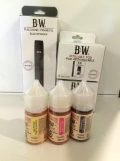 Baker White Electronic Cigarette Starter Kit With (2) Refillable Pod Packs & (3) Assorted Vape Juices.