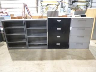 (2) 4-Tier Metal Shelving Units And (2) 4-Drawer Metal Filing Cabinets