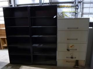 (2) 6-Tier Metal Shelves And (1) 5-Drawer Metal Filing Cabinet