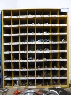 72 Hole Bolt Bins w/ Assorted Krimp On Fittings, Air Fittings, Nuts 