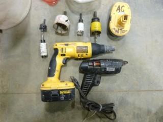 Dewalt DC520 Cordless Drywall Screw Driver, C/w (2) Batteries(No Charger), Bostic 260 Glue Gun, (5) Hole Saw Bits 1 1/8" to 2 1/2" (W-5-2-1)