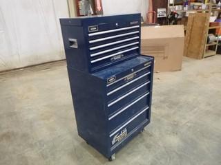 Mastercraft Rolling Tool Box, Bottom Cabinet: 5 Drawers, 36" H x 25.5" W, Key To Lock Drawers, Various Automotive Tools, Top Cabinet: 5 Drawers, 16" H x 26" W, w/ Philip, Roberts and Flat Screwdrivers, 3 Chisels, Jobmate Tool Kit, Rubber Mallet, 2 Nail Pullers (W-W)