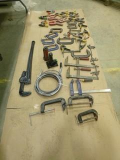 (2) 3" C-Clamps, (5) 4" C-Clamps, (7) 6" C-Clamps, (23) Spring Clamps, 1 1/2 Ton Bottle Jack, Car Jack, 25' Snake, 36" Pipe Wrench (W-5-2-3)