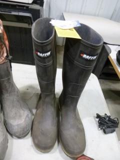 New Baffin Steel Toe Rubber Boots Size 13, Size 11 and 12 Rubber Boots, Size 9 Steel Toe Rubber Boots, Pair of Strap On Ice Cleats (W-5-2-3)