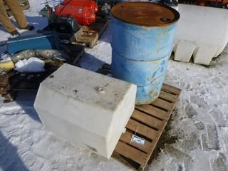 Small Plastic Water Tank (Approx 30 Gal), C/w 45 Gal Barrel (W-R-2-1)