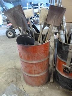 Barrel of Misc Tools, Shovels, Picks, Brooms, Snipe Bar