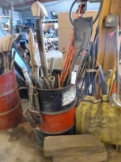 Barrel of Misc Tools, Shovels, Picks, Brooms, Snipe Bar