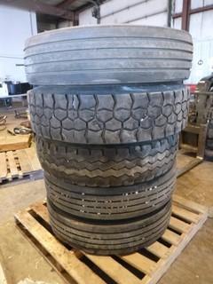 (3) Assorted Semi Tires w/ Budd Rims, (2) Without Rims *NOTE: Tread Worn Out*