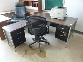 L Shape Office Desk c/w 5 Drawers, Chair and Lexmark Printer, 60" x 30" and 39" Side Unit