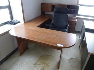 D Shape Office Desk w/ Hutch c/w 2 Drawers and Chair, 89" x 60" x 60", 20" x 60" Hutch