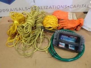 (8) Lengths of Twisted Polypropylene Rope, C/w (2) High-Vis Gloves, Outdoor Scrub Brush and Hose