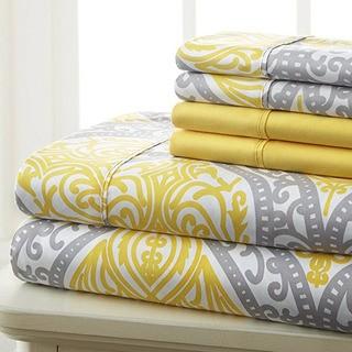 Prestige Home Collection Deep Pocket Wrinkle Free Luxurious Sheet Set 6 pc, Grey Yellow Medallion, Queen 