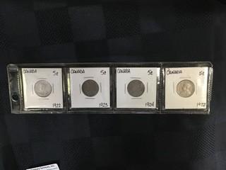 1922,23,24,27 Five Cent. 4 Coin Set.
