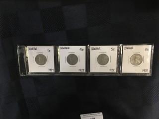 1927,28,29,31 Five Cent. 4 Coin Set.