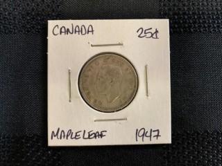 1947ML Twenty Five Cent. Maple Leaf.