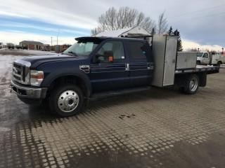 2008 Ford F450 Lariat 4x4 Crew Cab Deck Truck cc/w Turbo Diesel, Auto, A/C. Showing 114 740 Kms. S/N 1FDXW47RX8EB41211. Spare keys in office.