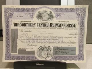 The Northern Central Railway Company Stock Certificate.