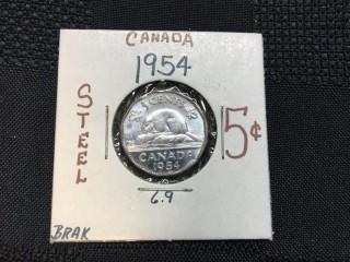 1954 Canada Steel 5 Cent Coin.