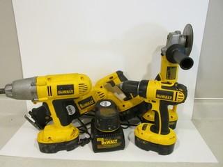 DeWalt 18V Cordless Tool Kit Including Reciprocating Saw, Angle Grinder, 1/2" Impact Driver, Drill, (5) Batteries & Charger.