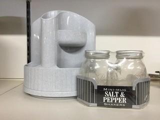 Rotating Desk Organizer & Mini Mug Salt and Pepper Shakers.