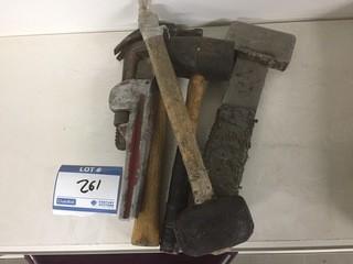 Lot of Mallets, Hammer, Pipe Wrench, Etc.