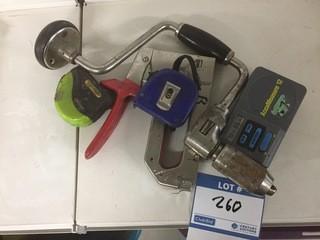 Lot of Hand Drill, Stapler, Measuring Tapes, Etc.