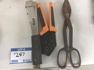 Lot of Stapler, Crimper & Tin Snips.