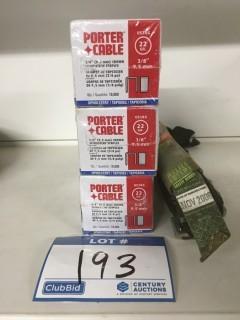 (3) Porter Cable 3/8" Crown Upholstery Staples, & (2) Safety Devices.