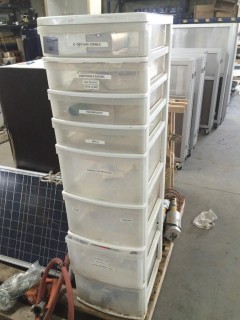 8 Drawer Plastic Cabinet Containing Assorted Medical Supplies.