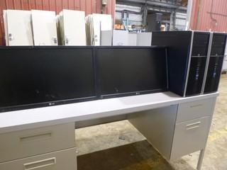 (2) LG Flatron 24" E2411 Monitors, C/w (2) HP Compaq Elite 8300 Convertible Micro Tower *Note No Cords or Stands* Desk not included