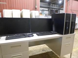 (2) LG Flatron 24" E2411 Monitors, C/w (2) HP Compaq Elite 8300 Convertible Micro Towers, (2)  HP Keyboards *Note No Cords or Stands* Desk not included