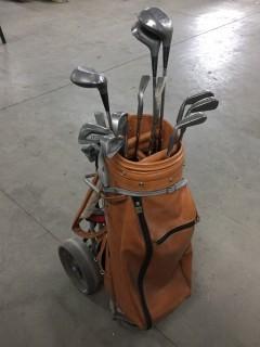 Set of (10) Slazenger Golf Club, Bag & Cart.