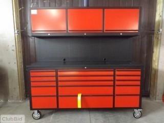 72" Stainless Steel Tool Chest, 15 Drawers & Three Overhead Cabinets c/w Wood Top and Pegboard.