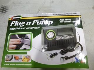 Slime Plug-N-Pump 300PSI Mini Air Compressor w/ 3 Nozzle Adapters, 12V DC (E4-5-2)