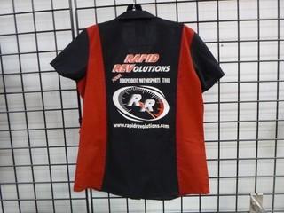 NEW Four Rapid Revolution Shirts, Size Medium, Dickies WOrk Shirt Red/Black, Polo Style, Standard T-Shirt, and One Medium Halloween Shirt with Smart Phone Pocket for cool gory effects. 