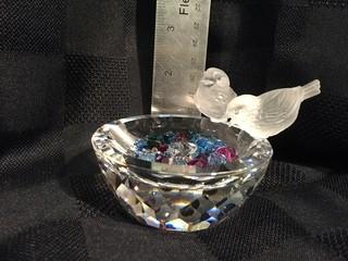 Swarovski Crystal (2) Birds with Feeding Dish of Multi-Colored Jewels.