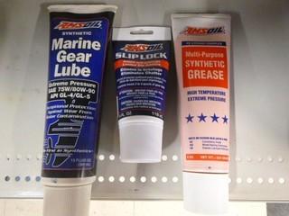 (1) Amsoil Marine Gear Lube, 75w/80w90, 13oz, (1) Amsoil Multipurpose Synthetic Grease, High Temp, 8oz, (1) Amsoil Slip Lock Additive, 4oz