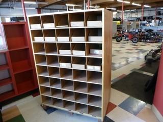 40 Hole Wood Parts Cabinet w/ Wheels and Parts Boxes, 37"x24"x57"