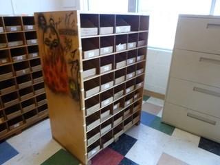 39 Hole Wood Parts Cabinet w/ Parts Boxes, 37"x24"x54"