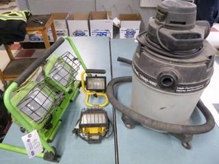 (4) Jobsite Work lights, C/w Shop Vac
