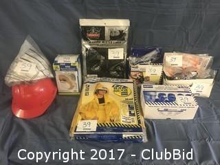 Lot of Assorted Saftey PPE Including Ear Plugs, Safety Glasses, Particulate Respirators, (2) Hard Hats, (2) XL Rain Suits, etc.